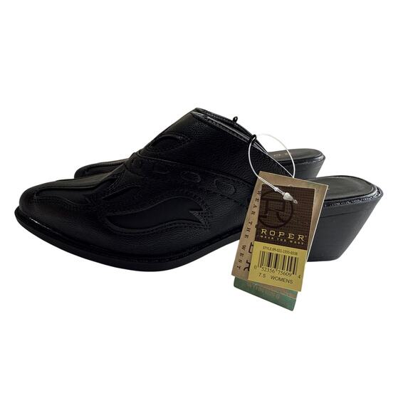 Roper Beth Mules Women's 7.5 Snip Toe Inlay Accents Black Slip On Heels - Picture 2 of 10